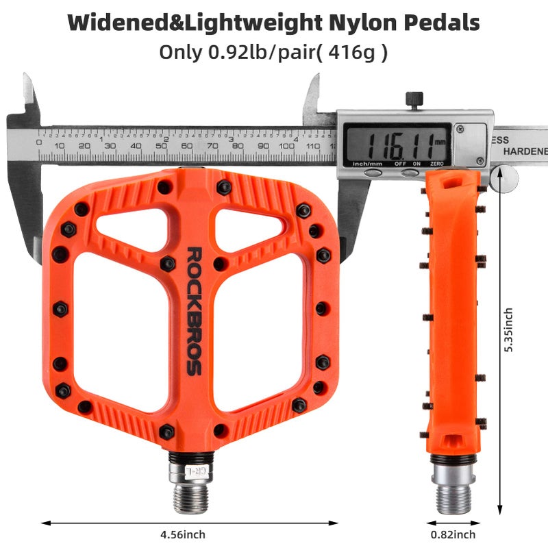 روكبروز دواسات الدراجة الجبلية Rock BROS من النايلون المركب بدواسات دراجة MTB مقاس 9/16 بوصة مع منصة مسطحة واسعة باللون البرتقالي - Image 2